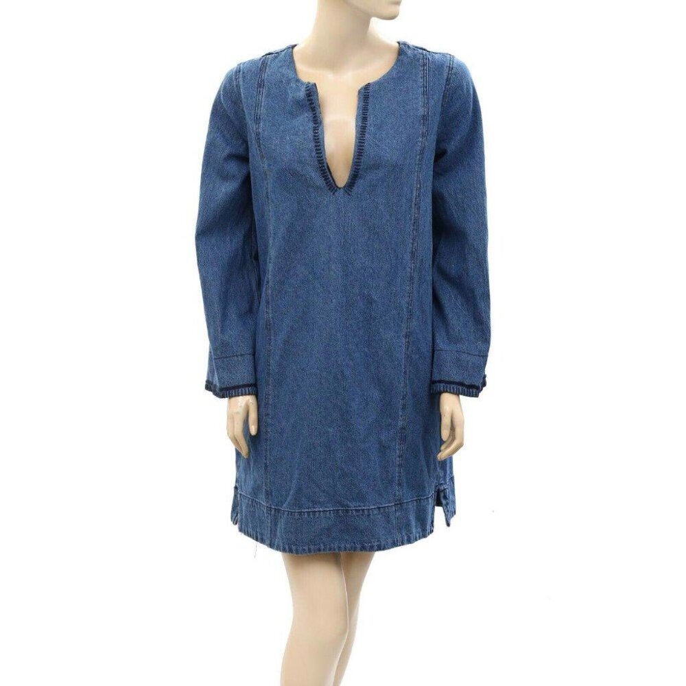 Merlette Charme Tunic Mini Dress Denim Cotton Embroidered Blue Kaftan M